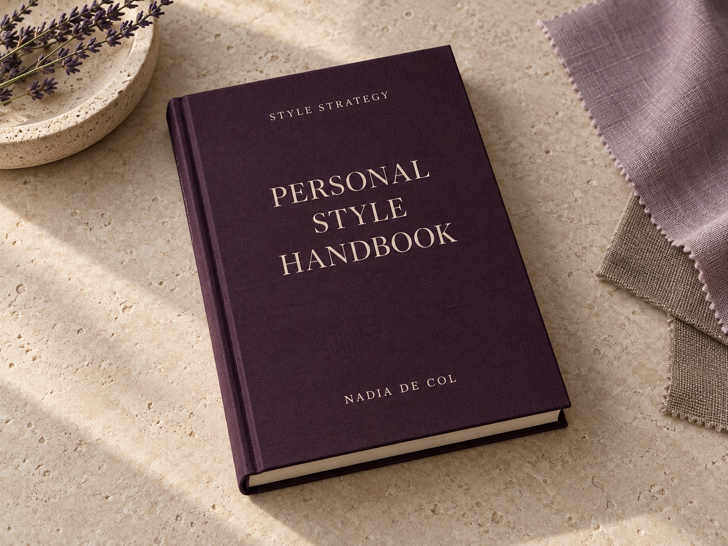 Mockup of Nadia De Col's *Personal Style Handbook*, with a plum-colored cover on a cream background